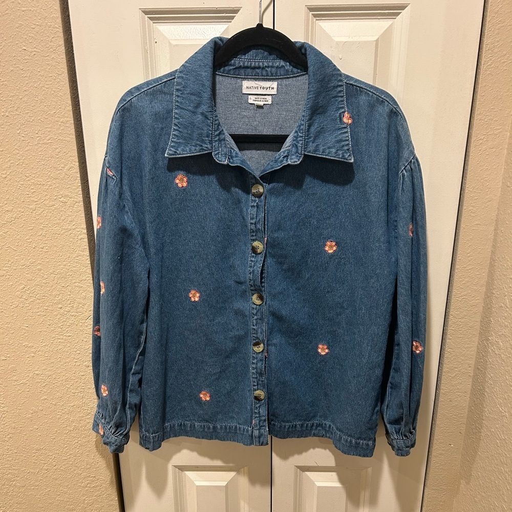 Native Youth Oversized Denim Shirt Flower Embroidery Cottagecore Festival,XS - Picture 2 of 6
